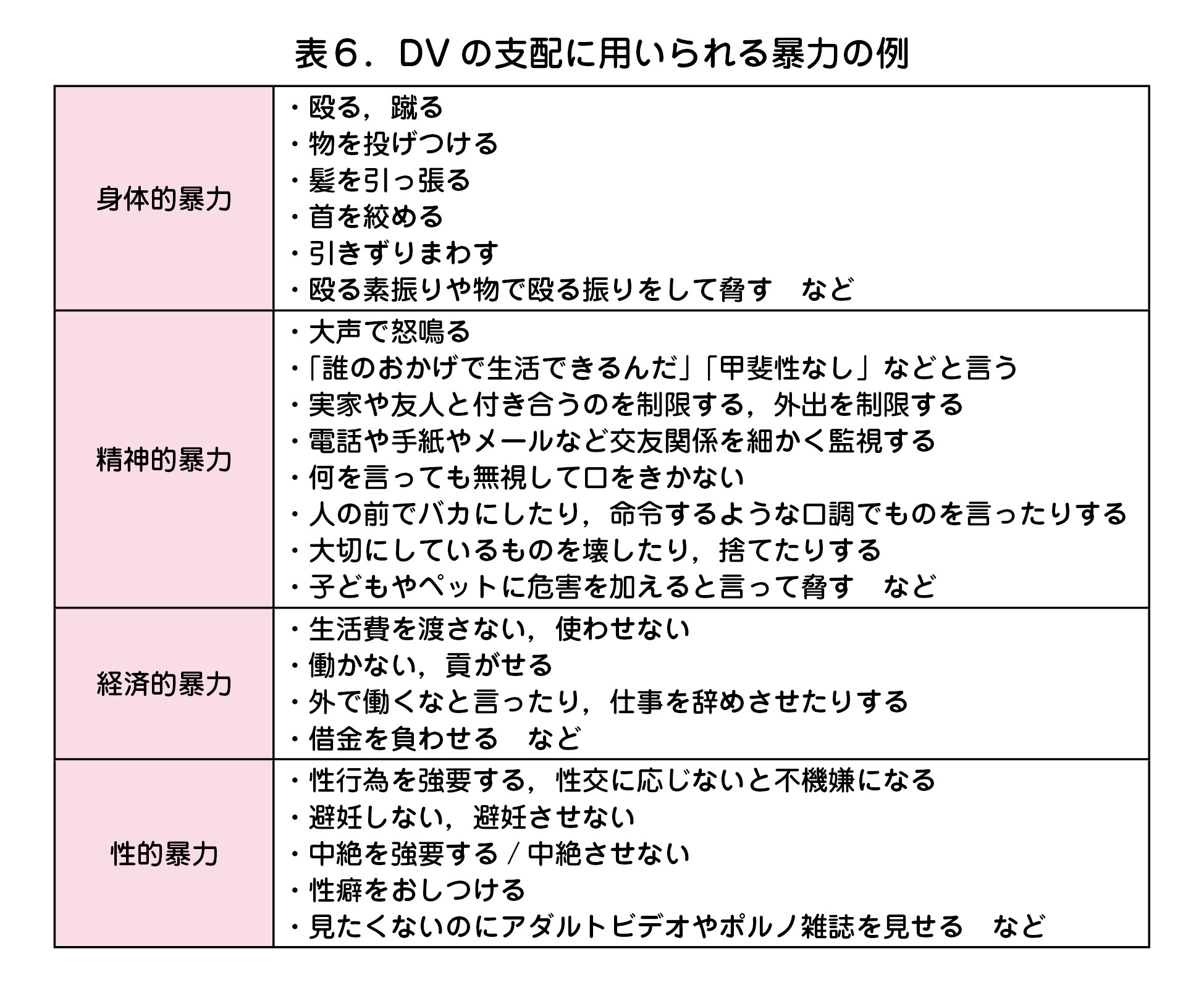 DV の支配に用いられる暴力の例